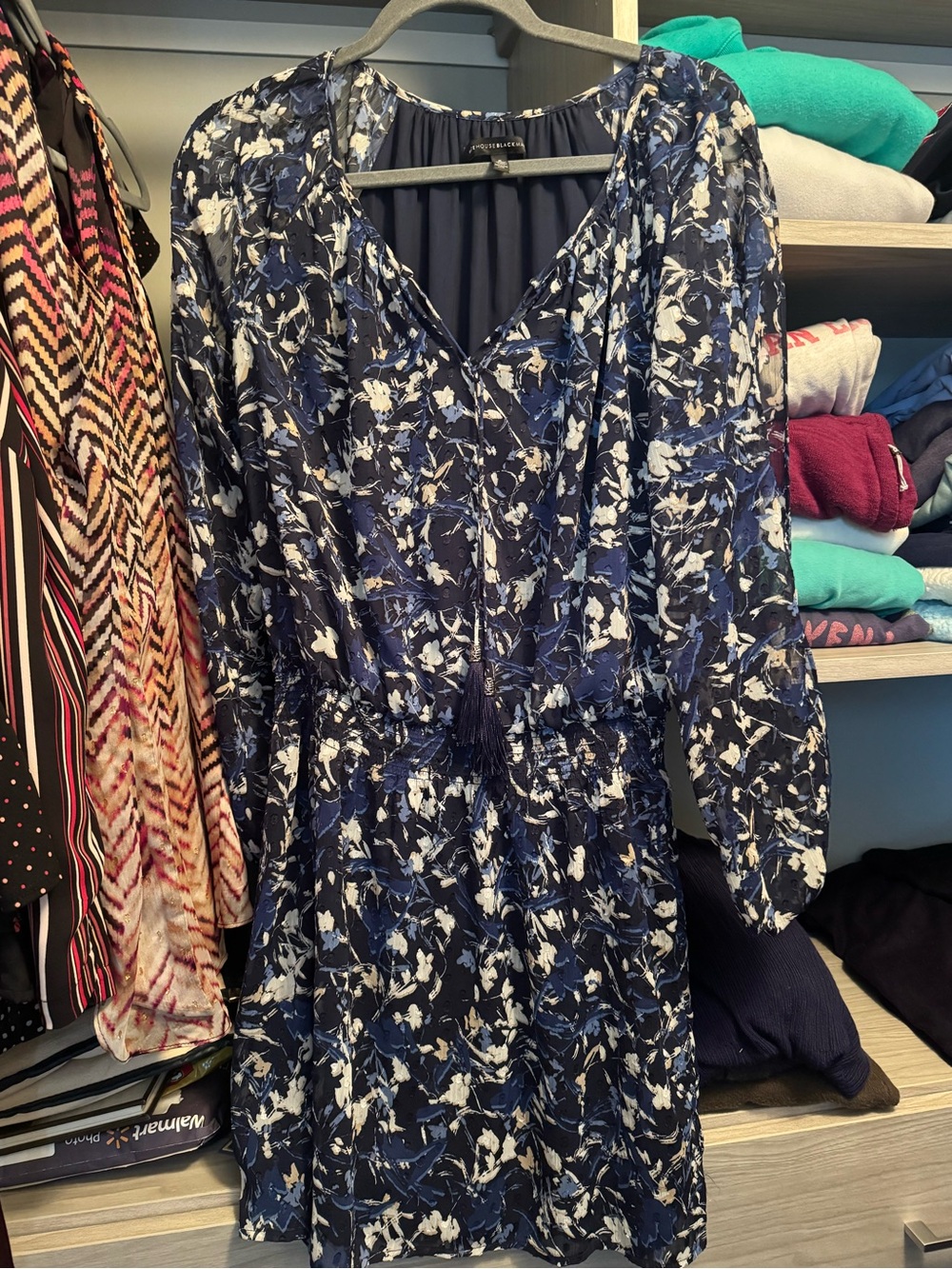 White House Black Market Navy and White Floral Long Sleeve Dress